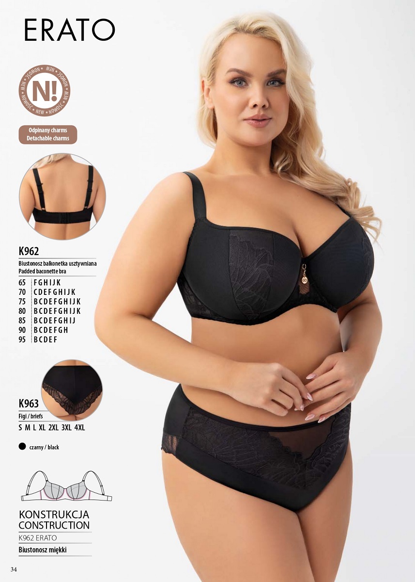 Комплект нижнего белья Gorsenia ERATO: бюстгальтер K962 (доступен до чашки K) и высокие трусы K963 на модели в полный рост.